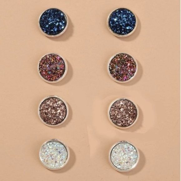 3/$30 Set of 4 Pairs Glittering Druzzy Stud Earrings - Picture 1 of 2